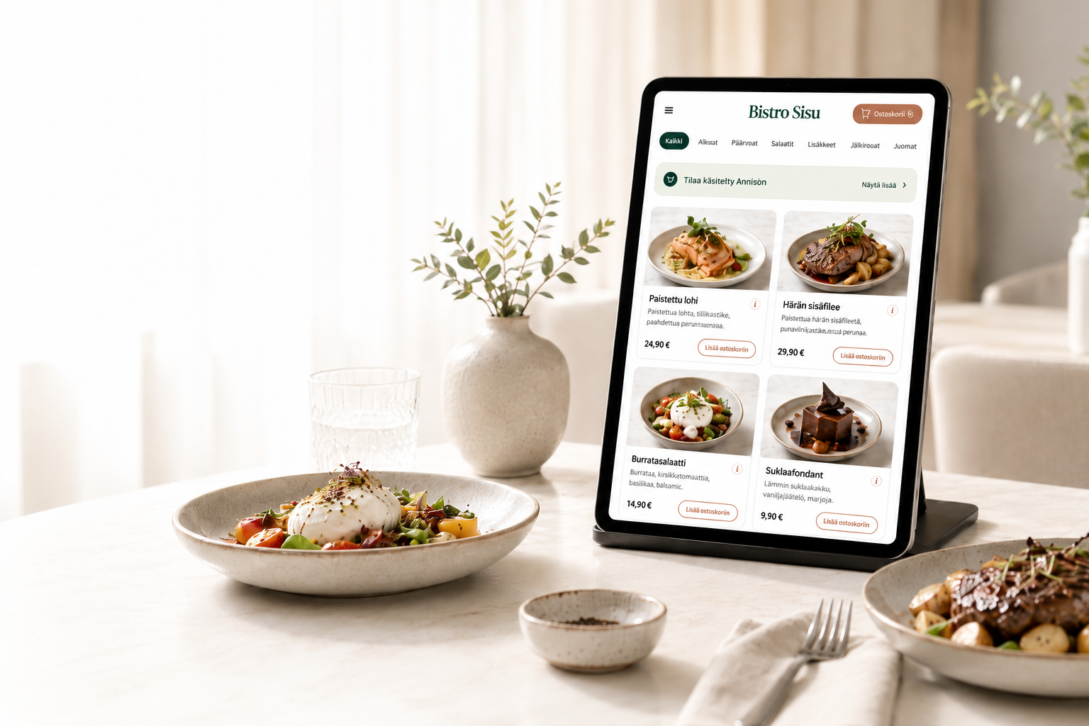 Creavo Order -tablettitilausjärjestelmä ravintolan pöydässä: vieras selailee kuvallista menua ja tilaa suoraan keittiöön