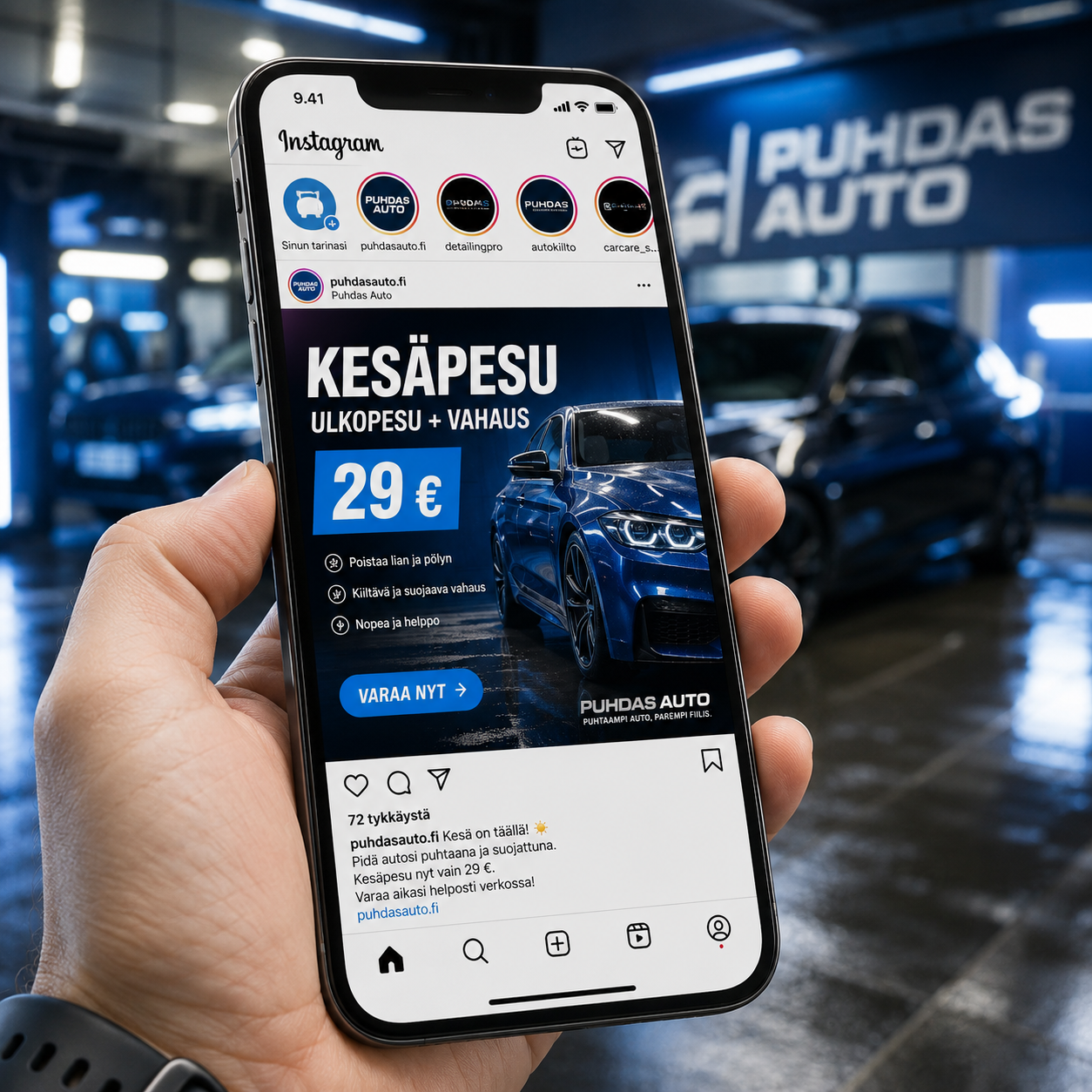 Valmis Instagram-somemainos puhelimen näytöllä — yrityksen materiaaleista muotoiltu ammattimainen julkaisu