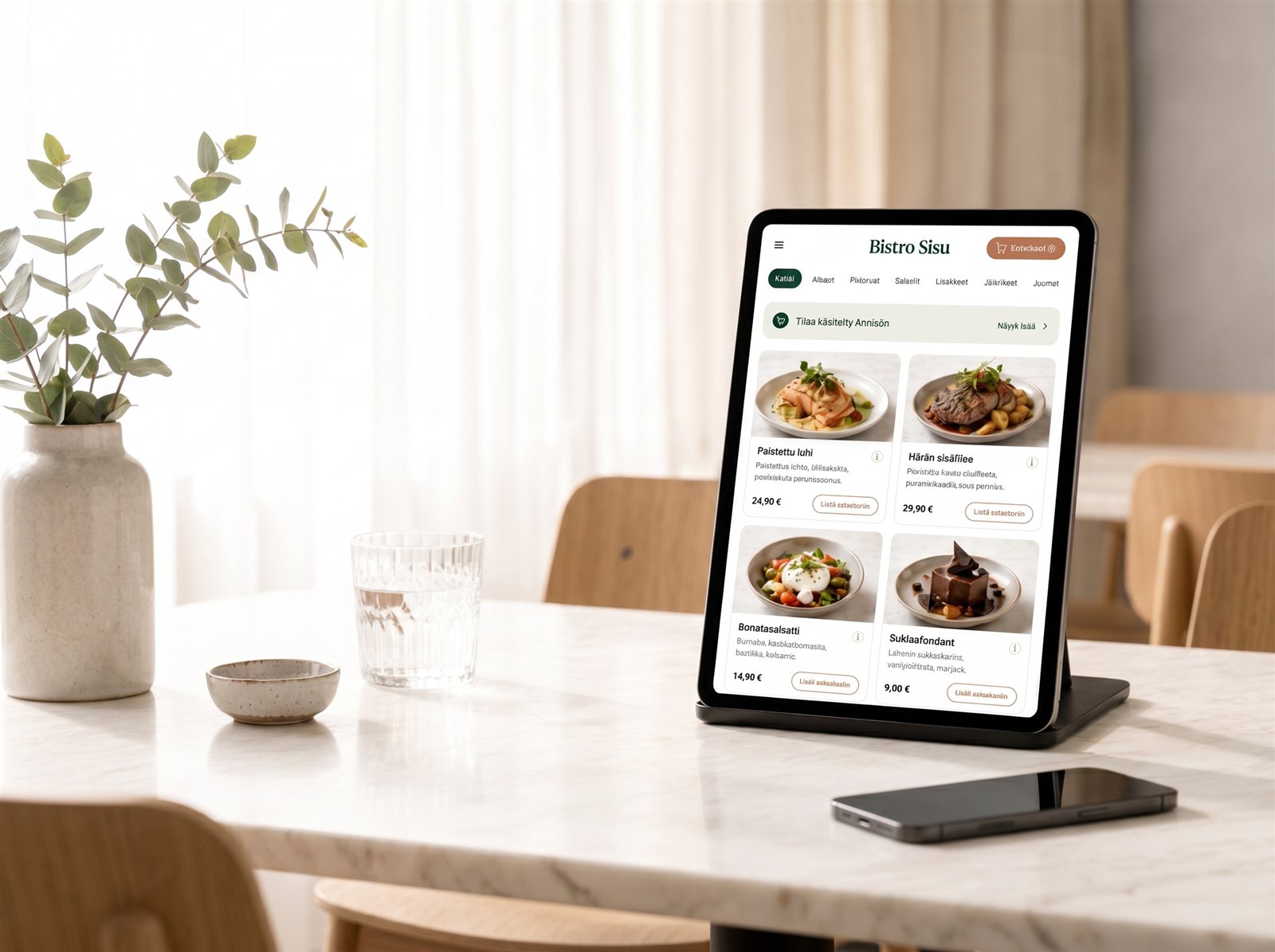 Creavo Order -tabletti seisoo ravintolapöydässä menu esillä, vieressä puhelin kuvapuoli alaspäin