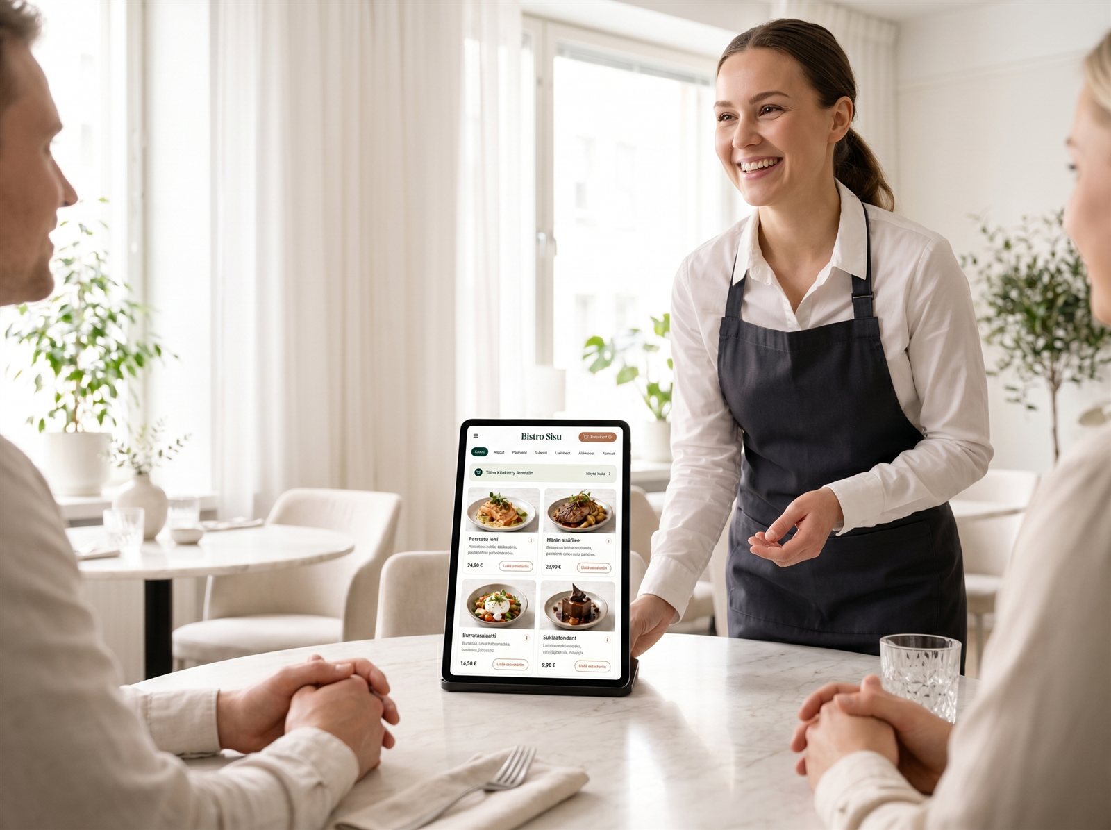 Hymyilevä tarjoilija pöydän vieressä, pöydällä Creavo Order -tabletti kuvallisella menulla