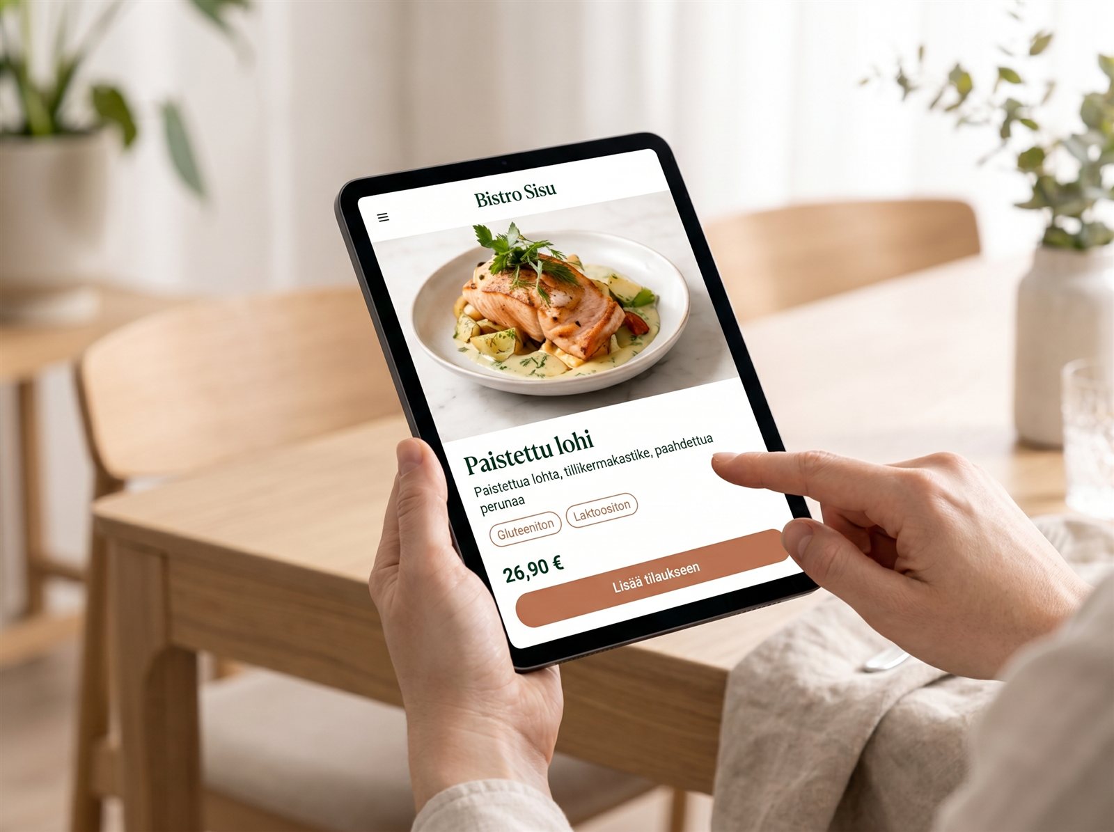 Lähikuva käsistä napauttamassa Creavo Order -tablettia, jossa iso annoskuva ja allergeenitiedot