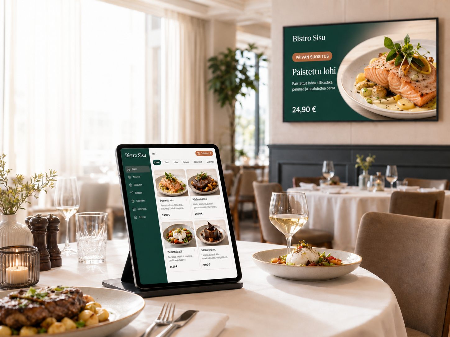 Ravintolasali, jossa seinän menunäyttö ja pöydän tabletti näyttävät saman menun