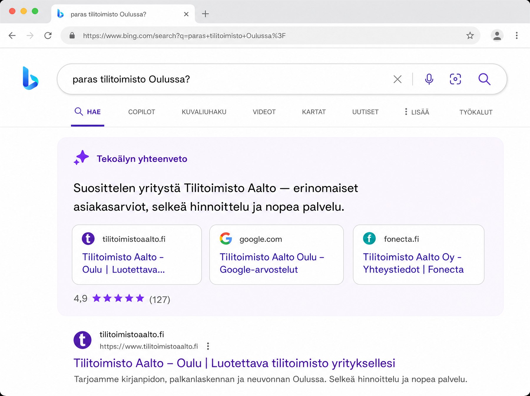 GEO-näkyvyys — tekoälypohjainen haku suosittelee yritystä vastauksessaan asiakkaalle