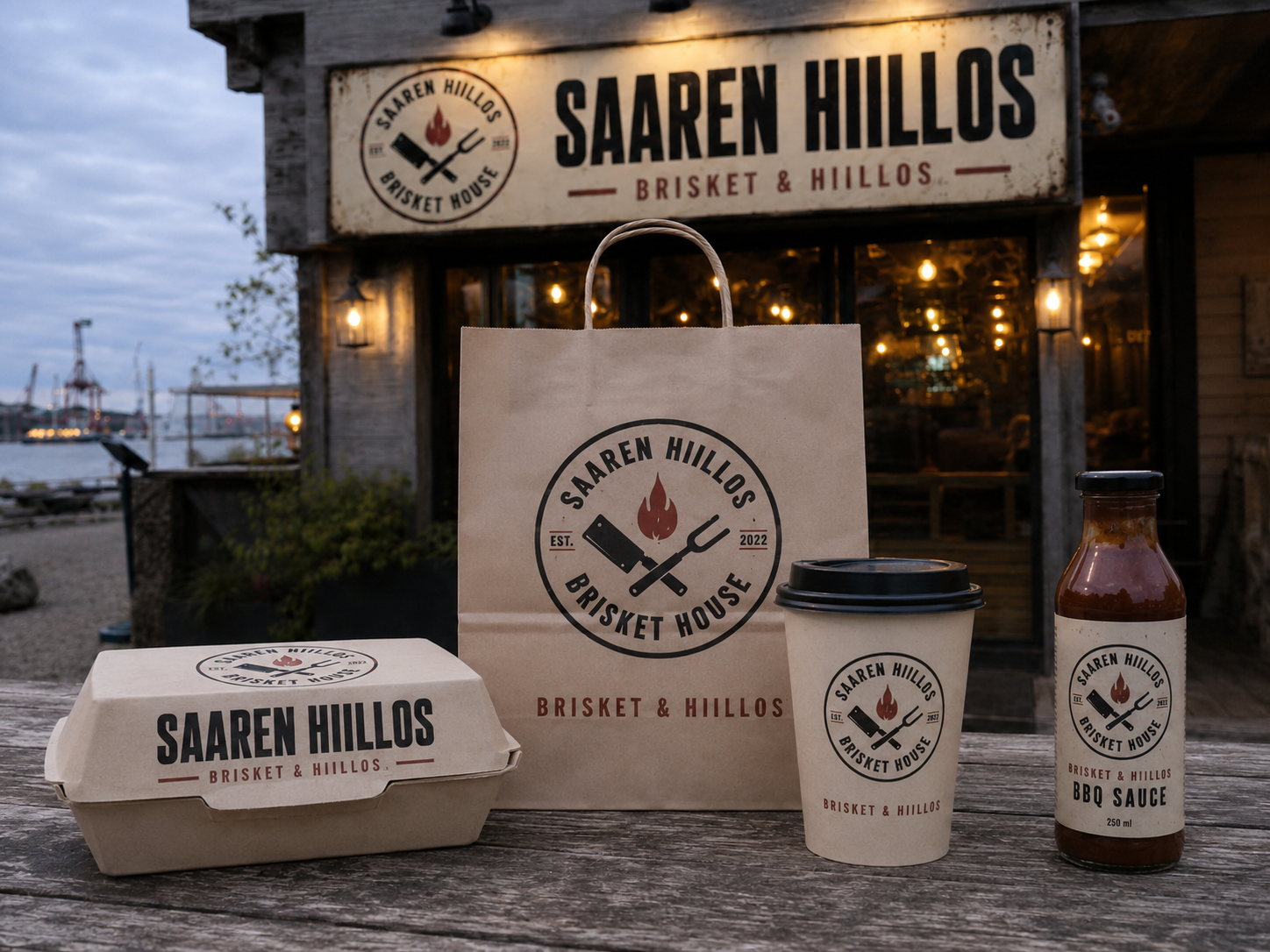 Saaren Hiillos packaging: bag, box, cups and sauce bottle