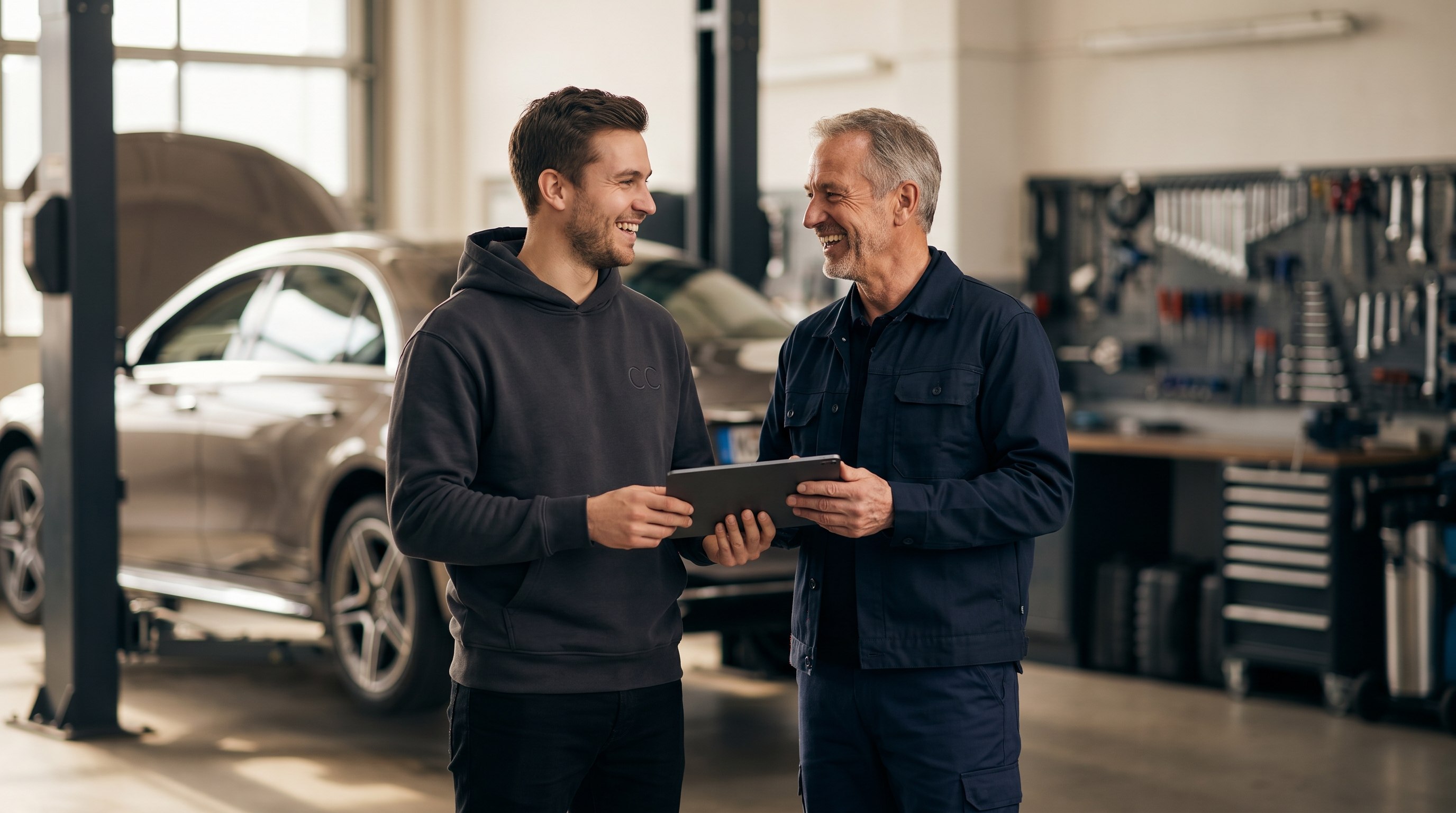 Autokorjaamon ammattilainen ja asiakas — luotettava huoltokokemus