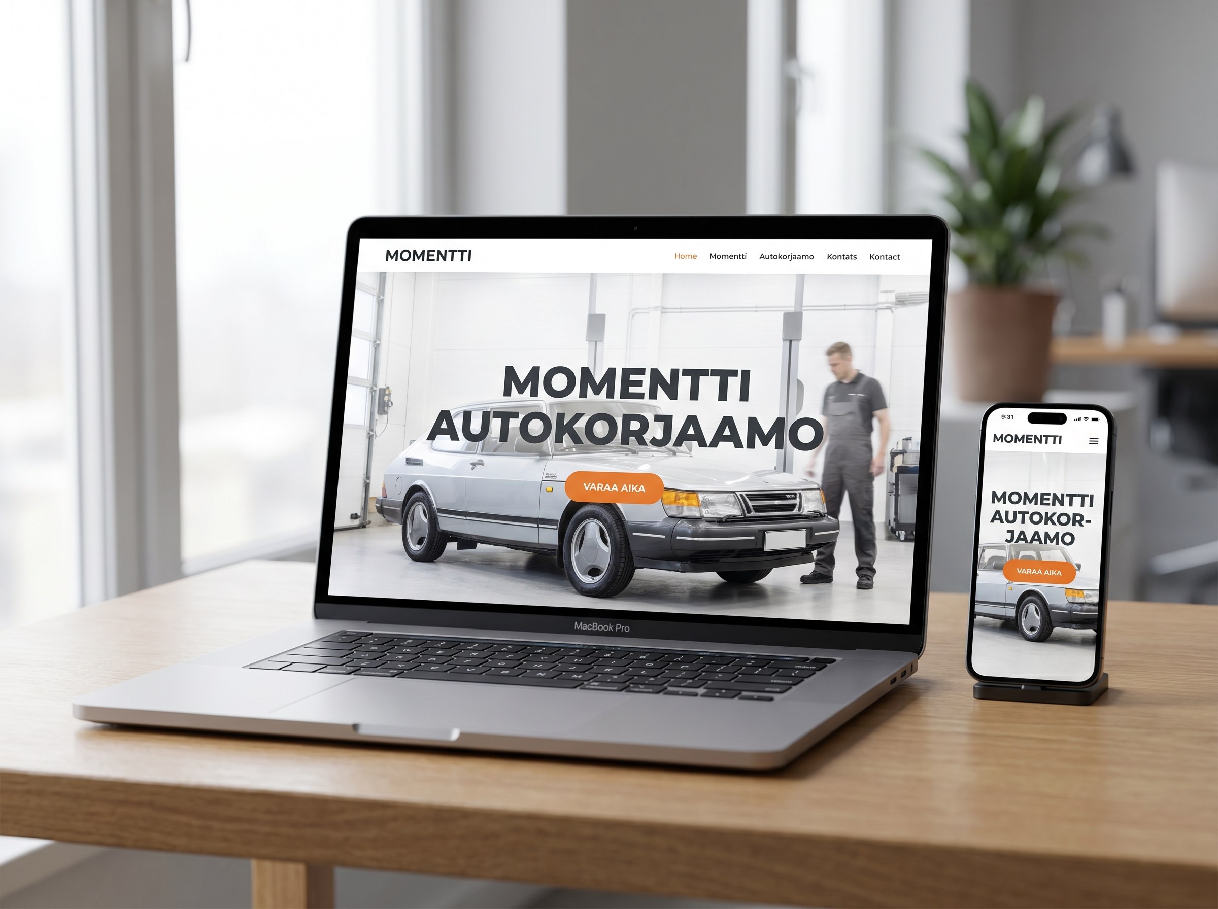 Autokorjaamon verkkosivut tabletilla, ajanvaraus etusivulla