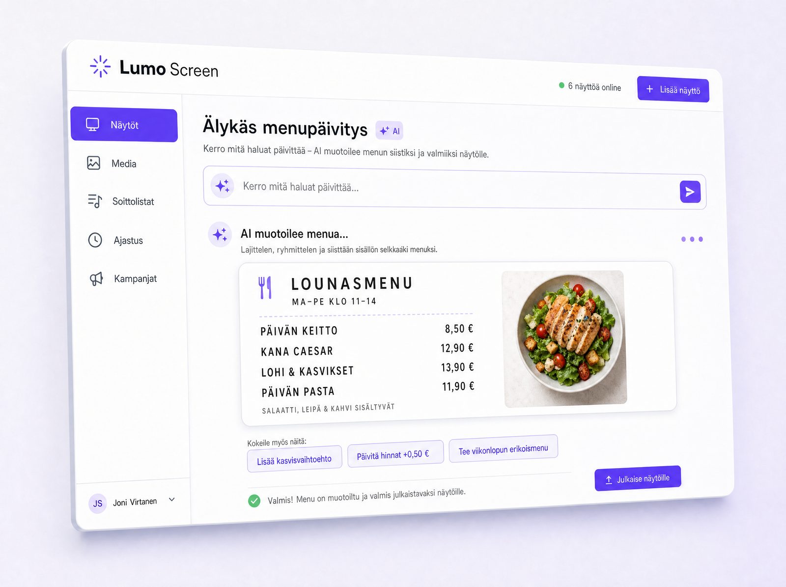AI muotoilee ruokalistan näyttöön sopivaksi Creavo Screenissä