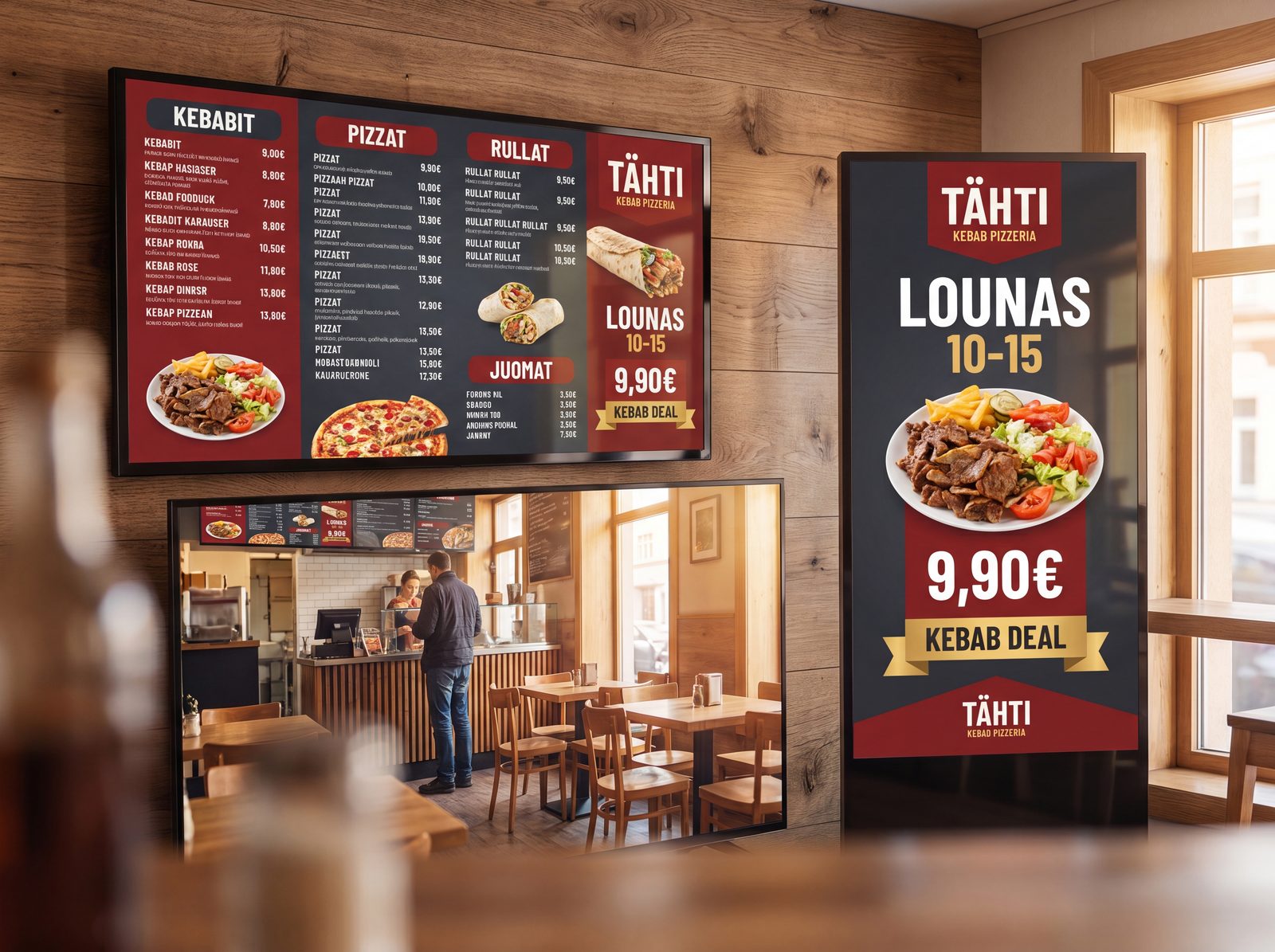 A landscape menu screen and portrait ad screen side by side in a restaurant