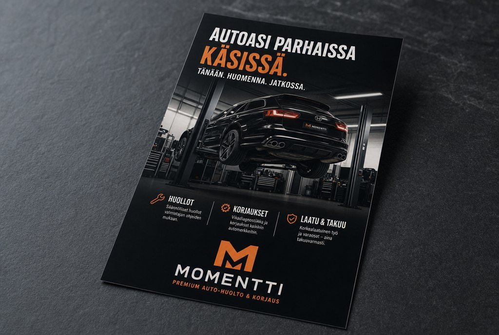 Autokorjaamon A4-flyer — huoltopalvelut ja tarjoukset selkeästi esillä