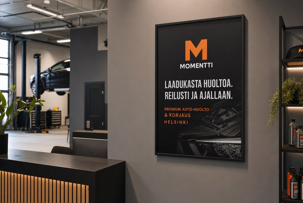 Autokorjaamon juliste B2 — näkyvä brändi-ilme seinällä