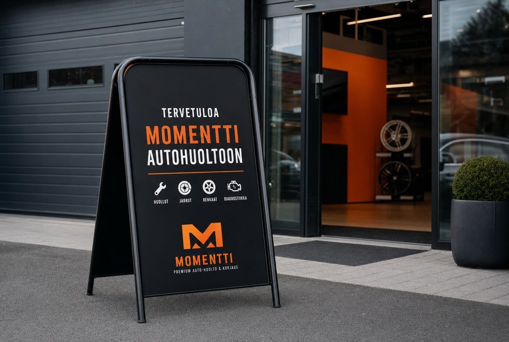 Autokorjaamon kyltti B2 kennolevyllä — opastus sisäänkäynnillä