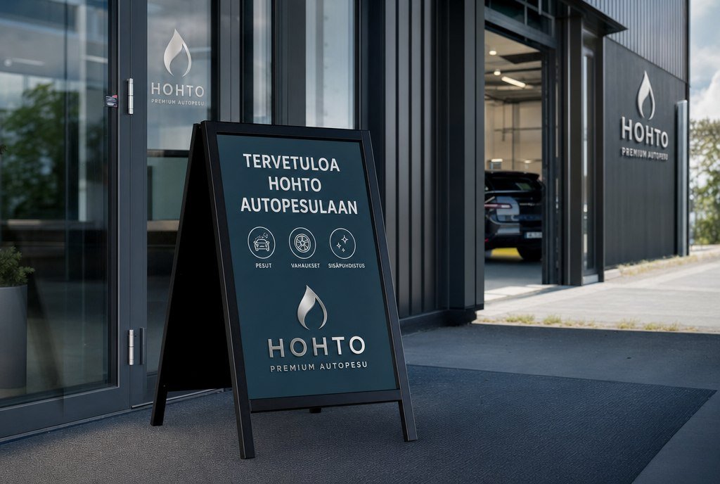 Autopesulan kyltti B2 kennolevyllä — opastus sisäänkäynnillä
