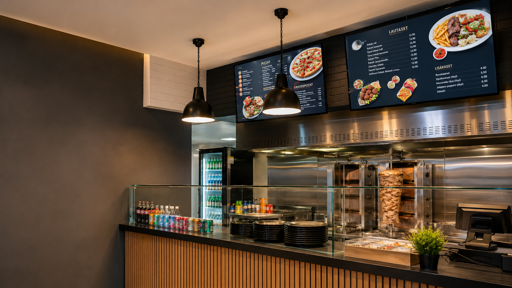 Kebab-pizzerian kaksi digitaalista TV-menunäyttöä tiskin yläpuolella — Creavo Screen