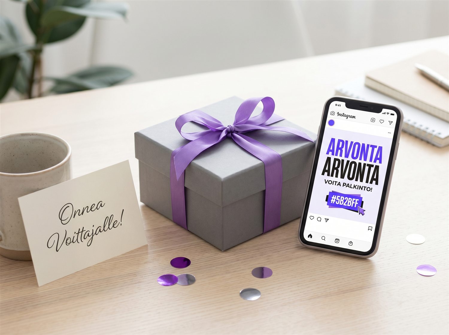 Arvonta-julkaisu puhelimen näytöllä, lahjapaketti ja onnittelukortti — arvonnat kasvattavat näkyvyyttä