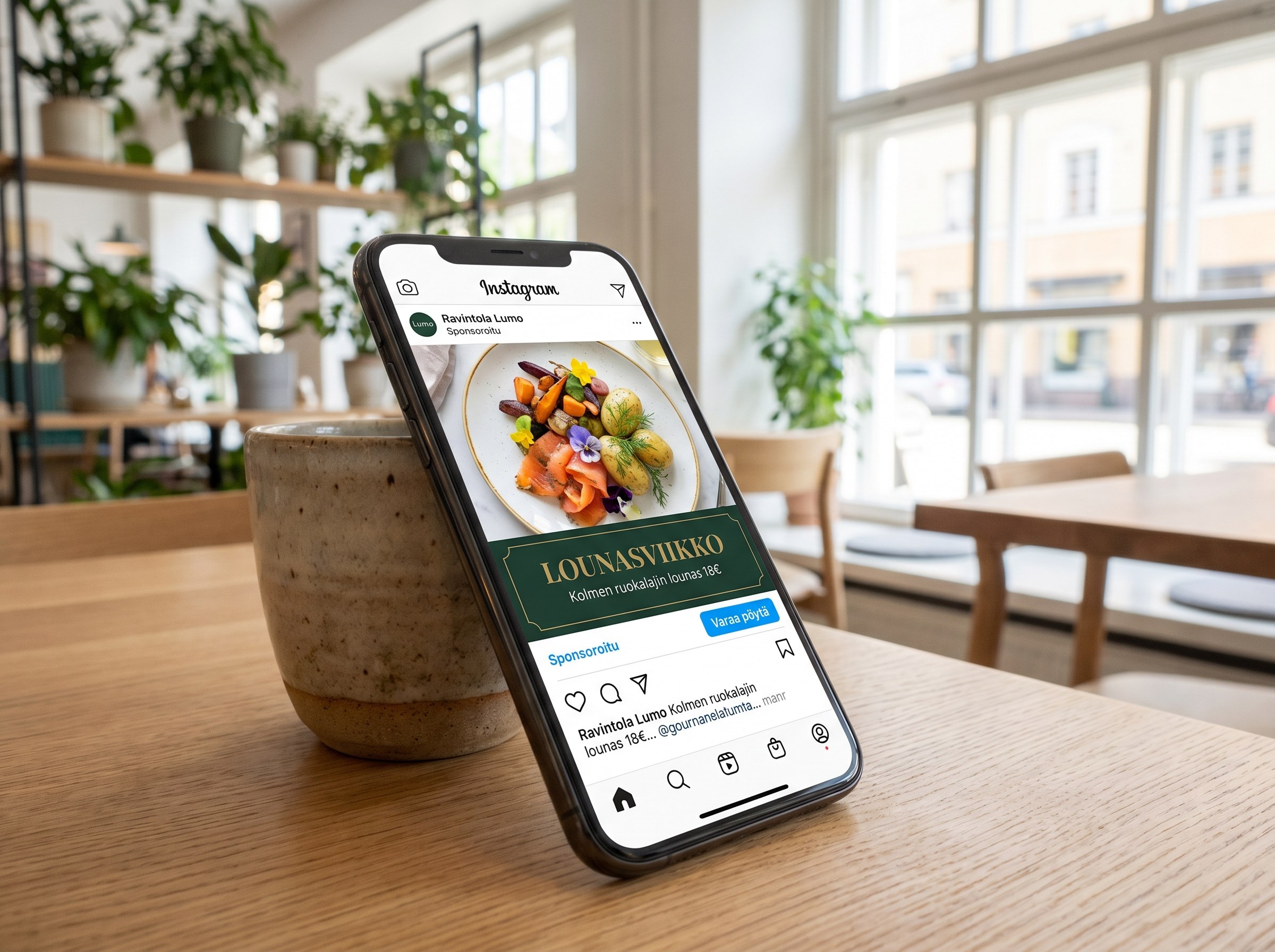Sponsoroitu lounaskampanja Instagramissa puhelimen näytöllä — kampanja, joka tukee myyntiä